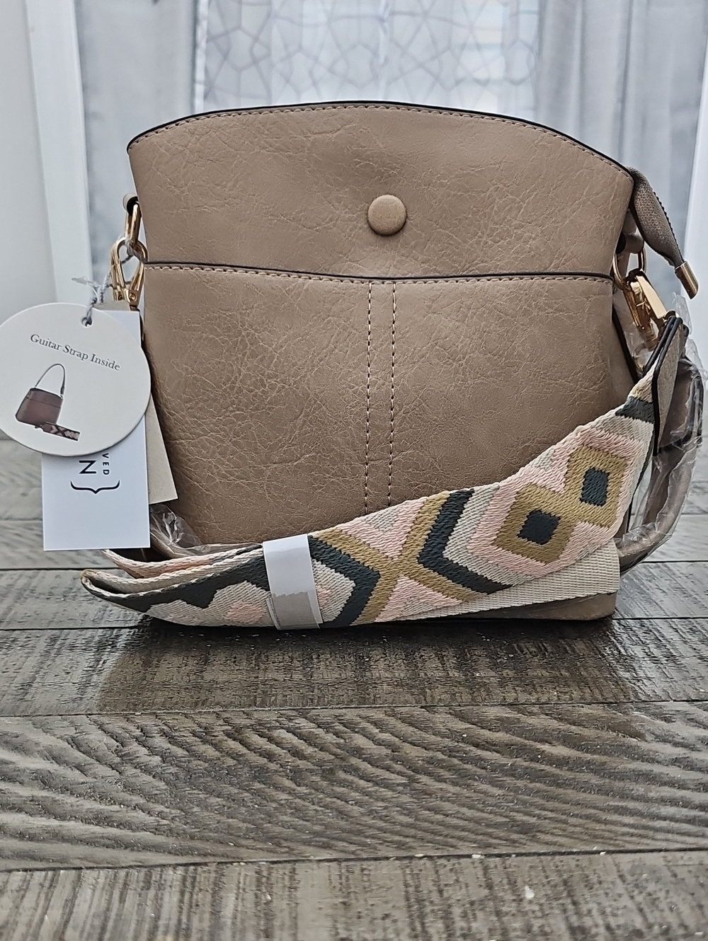 Neutral Taupe Crossbody Bag with Patterned Strap